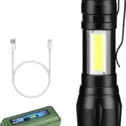 fghc Mini 2in1 Waterproof Laser LED Metal Body Rechargeable 3 Mode Zoomable Flashlight Torch Table Lamp COB Outdoor Lamp Search Light 9W USB Charging (6 Month Warranty) Torch image 4