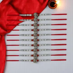 Designer SET OF 10 RAKHI P2 ( 22 sku ) Mauli Thread, Pearl, Plastic (PVC), Silver Rakhi Set-8