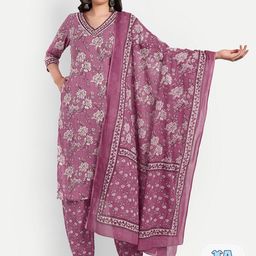 Krati Creations Floral Printed Regular Beads and Stones Pure Cotton Kurta With Trousers-image-9