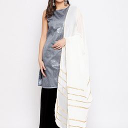 Bitterlime White & Gold-Toned Lace Dupatta With Gotta Patti-16