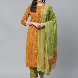 Yuris Women Mustard & Green Pure Cotton Printed Kurta with Palazzos & Dupatta-picture-46