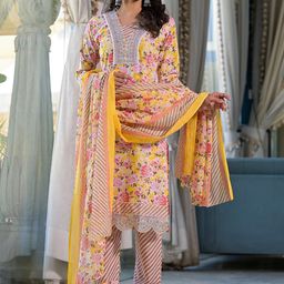 KALINI Floral Printed Regular Thread Work Pure Cotton Kurta with Trouser & Dupatta-image-71