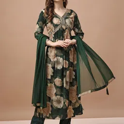 KALINI Floral Printed Empire Sequinned Kurta With Trousers & Dupatta image 1