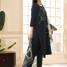 Anouk Blue Floral Printed Regular Sequinned Straight Kurta With Trousers & Dupatta image 4