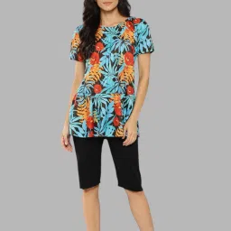 Womens Turqouise-Black Colour Floral Print Nylon Plus Size Swim Suit Floral Print Women Swim-dress Light Blue Swimsuit-image-97