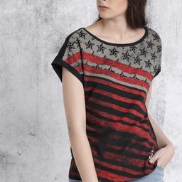 roadster Women Printed Boat Neck Cotton Blend Black T-Shirt-picture-9