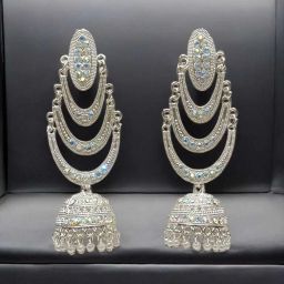Oxidised Silver Multicolor Stone Jhumka Earrings Alloy Chandbali Earring-image-43