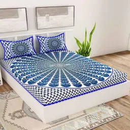 uniqchoice Blue Traditional 120 TC Cotton Queen Sized Bedsheet with 2 Pillow Cover-picture-23