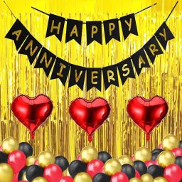 Solid Anniversary Decoration For Home Kit with Happy Anniversary Banner,2 pcs Golden Curtains & 3 pcs Red Heart Foil with 30 pcs HD Metallic Balloons (red, black & gold) Decoration Kit Set Decorations Items Combo Balloon-2