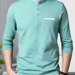 Men Solid Mandarin Collar Cotton Blend Light Blue, White T-Shirt-image-3