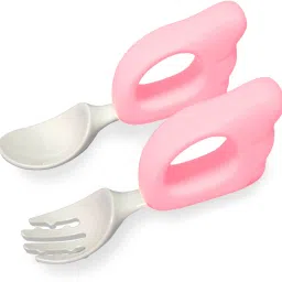 Baby Training Spoon Wing Shape Spoon, Baby Spoon and Fork Set - (Peach).- Plastic And Rubber Handle-28