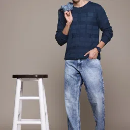 Men Checkered Round Neck Blue Sweater-image-43