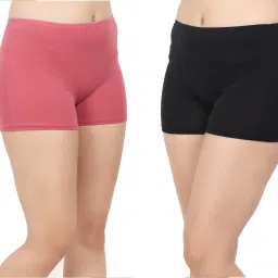 Pack of 2 Solid, Self Design Women Reversible Black, Pink Basic Shorts-image-91