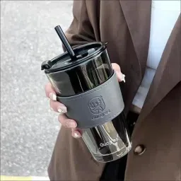 Iced Coffee Drinking Glasses with Lids and Glass Straw - 400ml set of 1 Glass Coffee Mug-image-7