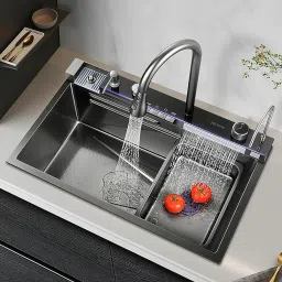 30x18x9 Inch Anti Scratch Kitchen Sink , Multifinction Sink 5-Piano Switch Waterfall and Pull-down Faucet And Accessories With LED Display Vessel Sink-image-8