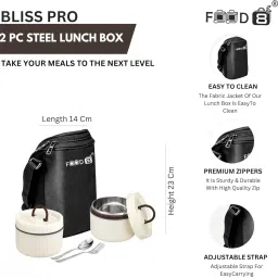 food 8 Bliss Pro Lunch Box for Office with Insulated Soft Line Bag, Spoon & Fork, 600ml 2 Containers Lunch Box image 2