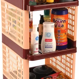 Multipurpose 3-Shelf Office Storage Trolley Rack with Wheels|Brown Plastic Kitchen Trolley-75