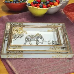 critics picks Cp Wooden Serving Tray Double Glazed Decorative Trays | Elephant Print, Set of 3 Tray Serving Set image 2