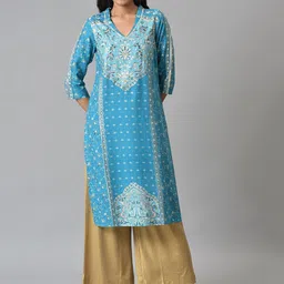 Aurelia Women Blue Floral Print Ethnic Liva Kurta with Handwork-picture-21