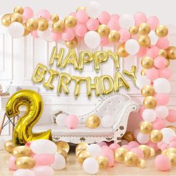 Solid Gold Happy Birthday Decoration Combo - 102Pcs Set Foil Banner And Balloons For Princess Girls Birthday Party Decoration ,Happy Birthday Balloons for Party Decoration , Baby 2nd birthday Balloon-14