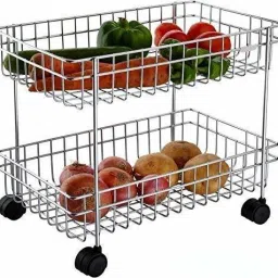 2 Layer Fruits and Vegetable Trolley with Wheels Kitchen Storage Basket Potato Onion Holder Stand for Kitchen Steel Kitchen Trolley-10