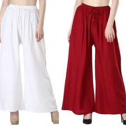 hoc Pack of 2 Women Relaxed White, Maroon Viscose Rayon Trousers-picture-41