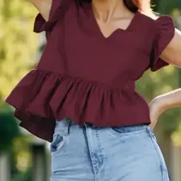 Shein Cap Sleeves Burgundy Short Relaxed Fit Peplum Top-image-48