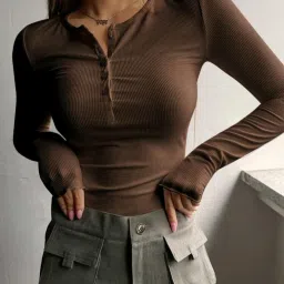 Casual Regular Sleeves Solid Women Brown Top-picture-2