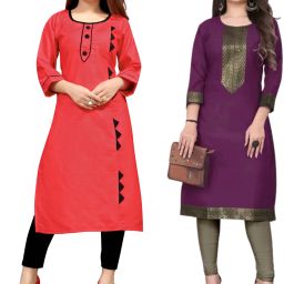 Pack of 2 Women Self Design Cotton Blend Straight Kurta-image-34