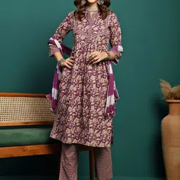 Sangria Printed A-Line Kurta With Trouser & Dupatta Set image 3