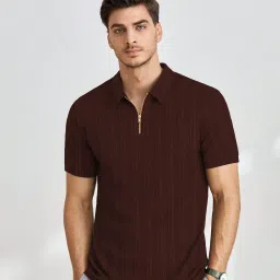 Men Self Design Polo Neck Polyester Brown T-Shirt-image-86