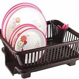Plastic 3 in 1 Large Sink Set Dish Rack Drainer with Tray for Kitchen (Brown) Storage Basket-4