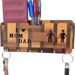 Home Decor Designer I Love Mom & Dad Keychain Shelve, Mobile Charging, Pen Stand Wood Key Holder-image-35