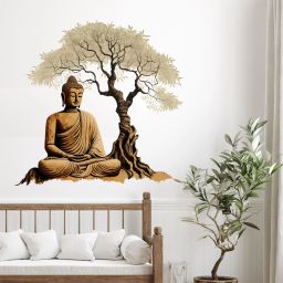 60 cm Meditating Gautam Buddha Under Tree Wall Sticker For Home Decor Self Adhesive Sticker-image-36