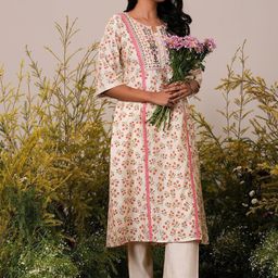 Libas Floral Printed Panelled Chanderi Silk Kurta with Palazzos-50
