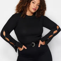 Trendyol Plus Size Ribbed Button Detail Slit Sleeve Fitted Top-13