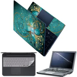 FineArts 4 in 1 Combo Pack with Laptop Skin Sticker Decal, Palmrest Skin, Screen Protector, Key Guard for 15.6 Inch Laptop - Abstract Turquoise Swirls Combo Set-20