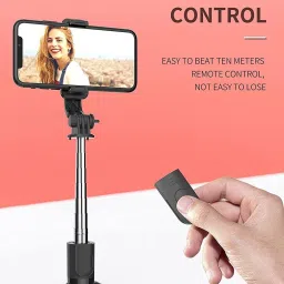 FITUP Black Color 60 cm Long Selfie Stick Cum Tripod | Portable And Adjustable XT-02 Selfie Stick , Extendable Selfie Stick With Tripod Stand And Detachable Wireless Bluetooth Remote, Ultra Compact Selfie Stick For Mobiles Tripod, Monopod image 3