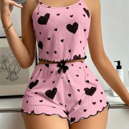 Women Top & Shorts Set Pink Printed-image-53