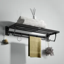 24 Inch Stylish Foldable Towel Rack | Bathroom Rack with Hooks & Hanger Black Towel Holder-image-92