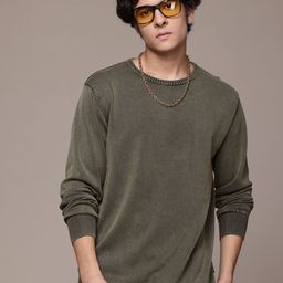 roadster Men Solid Round Neck Green Sweater-picture-7