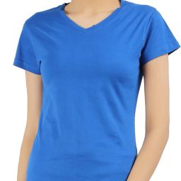 Women Solid V Neck Pure Cotton Blue T-Shirt-image-20