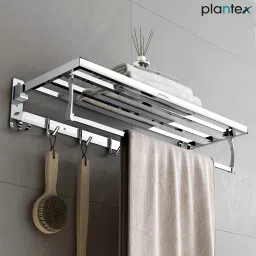 Folding Towel Rack with Hooks for Bathroom/24 Inch Towel Hanger/Towel Rod Silver-Chrome Towel Holder-image-0