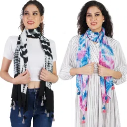 Printed Viscose Women Black, White, Blue Scarf, Stole, Fancy Scarf-1