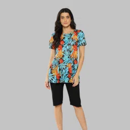 Womens Sports Wear Turqouise-Black Colour Floral Print Nylon Plus Size Swim Suit Self Design Women Swim-dress Light Blue Swimsuit-image-99