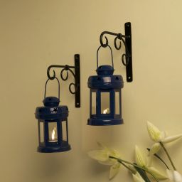 Wall Star Light Decorative Metal Lantern Indoor/Outdoor Hanging Lantern, Set of 2 Designer Candle Tealight Holder with Wall Hook, Blue Blue Metal Hanging Lantern-20