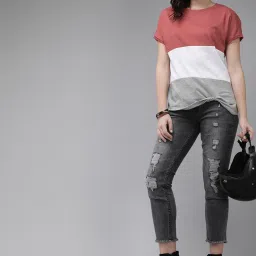 Women Colorblock Round Neck Pure Cotton Brown T-Shirt-28
