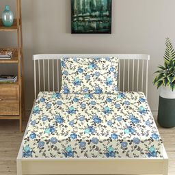 Trance Home Linen Blue & Cream-Coloured Floral 180 TC Single Bedsheet with 1 Pillow Covers-image-122