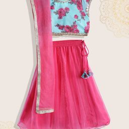 Biba Girls Pink & Blue Floral Printed Ready to Wear Lehenga & Blouse With Dupatta-46