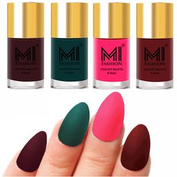 MI FASHION Set of Velvet Matte Nail Polish 9.9 ml Each -Wine 03 - Dark Green 12 - Neon Pink 13 - Maroon 23-13